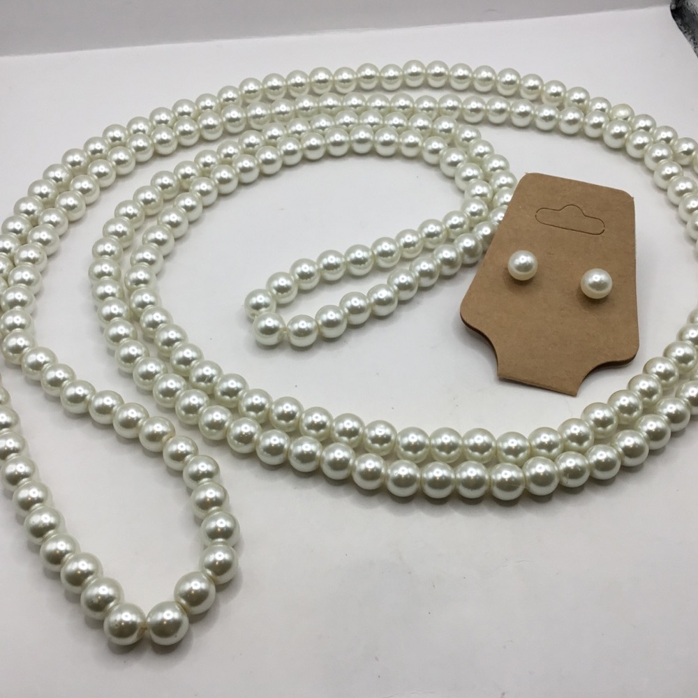 68” Glass Pearl Necklace and Earring Set